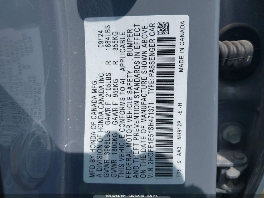 2025 Honda Civic Si Base W/High Performance Summer Tires/ VIN: 2HGFE1E51SH471371 Lot: 42137161