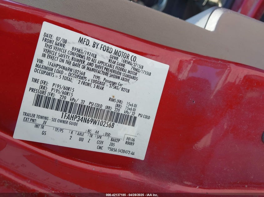 2009 FORD FOCUS VIN: 1FAHP34N69W102568
