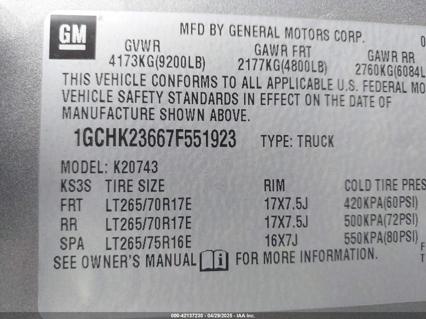 2007 CHEVROLET SILVERADO 2500HD VIN: 1GCHK23667F551923