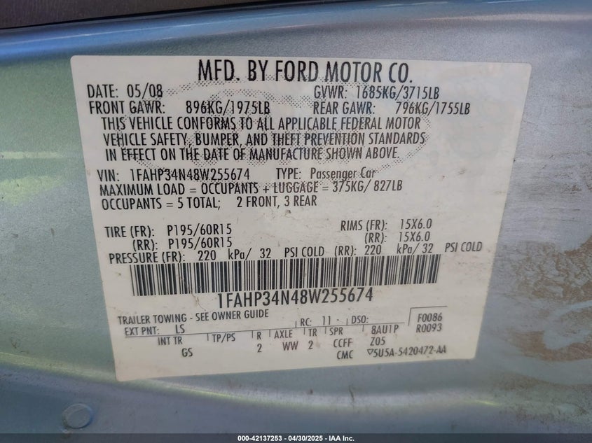 2008 FORD FOCUS VIN: 1FAHP34N48W255674