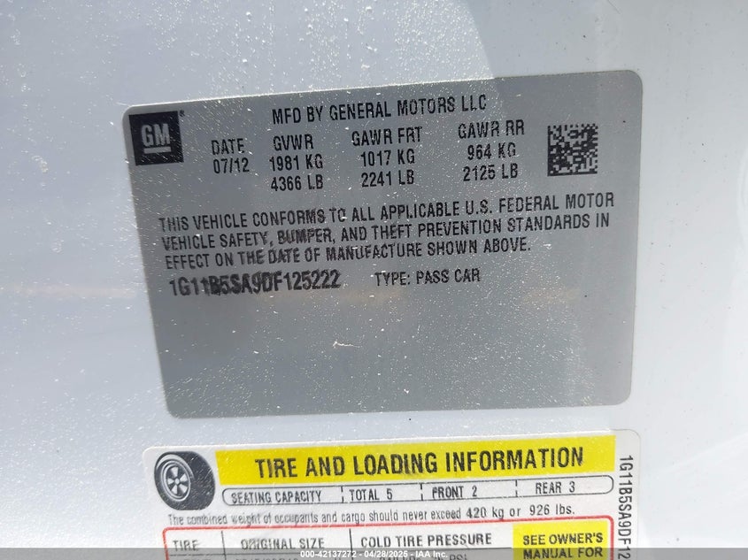 2013 CHEVROLET MALIBU VIN: 1G11B5SA9DF125222