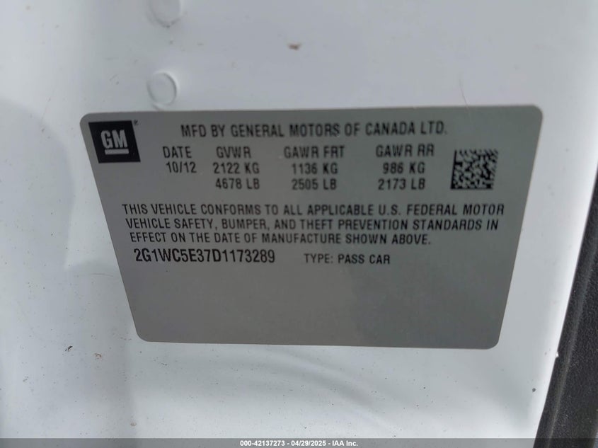 2013 CHEVROLET IMPALA VIN: 2G1WC5E37D1173289
