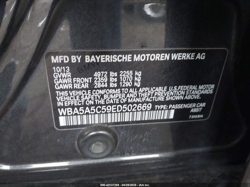 2014 BMW 528I VIN: WBA5A5C59ED502669