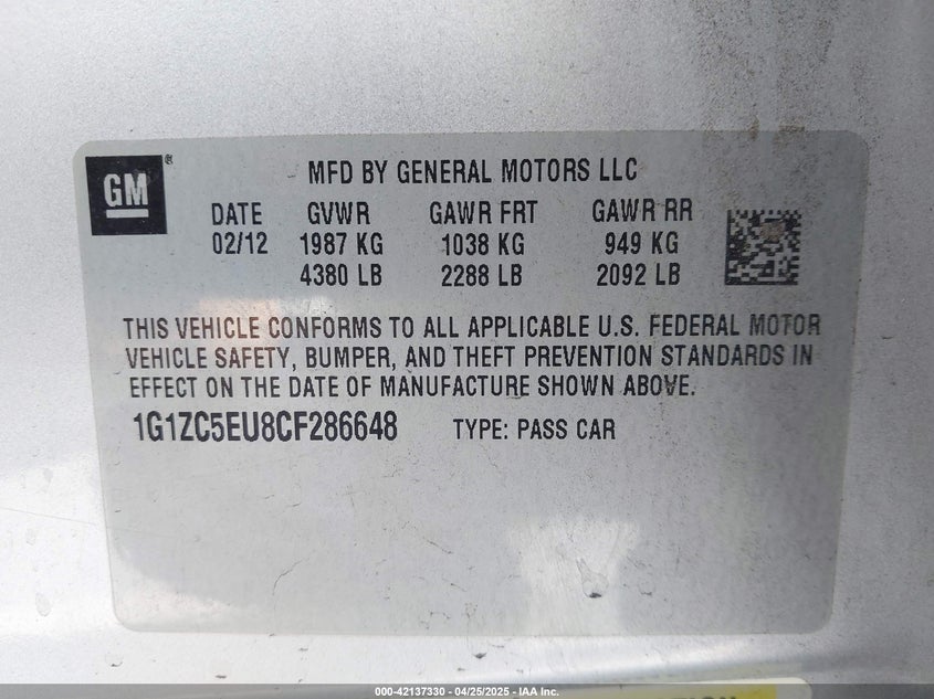 2012 CHEVROLET MALIBU VIN: 1G1ZC5EU8CF286648
