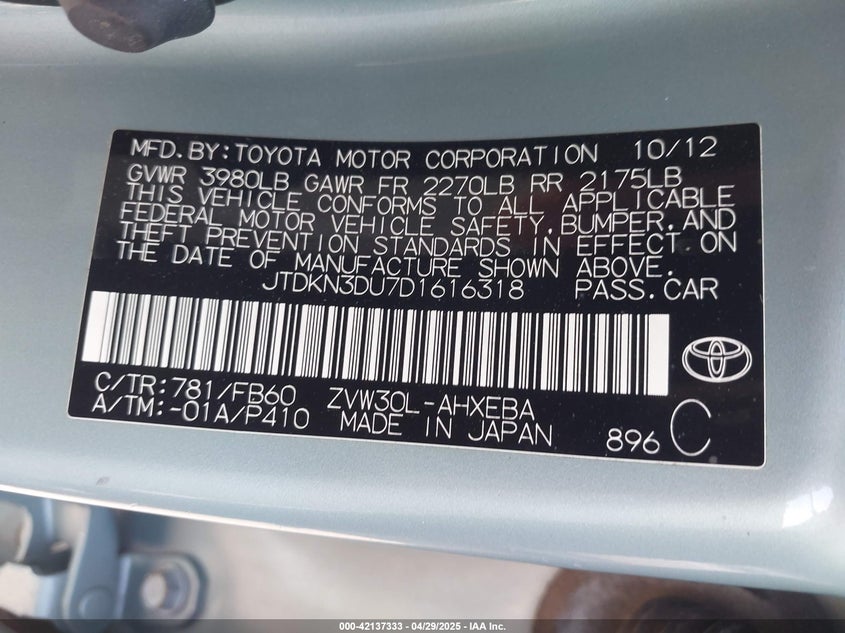 2013 TOYOTA PRIUS VIN: JTDKN3DU7D1616318