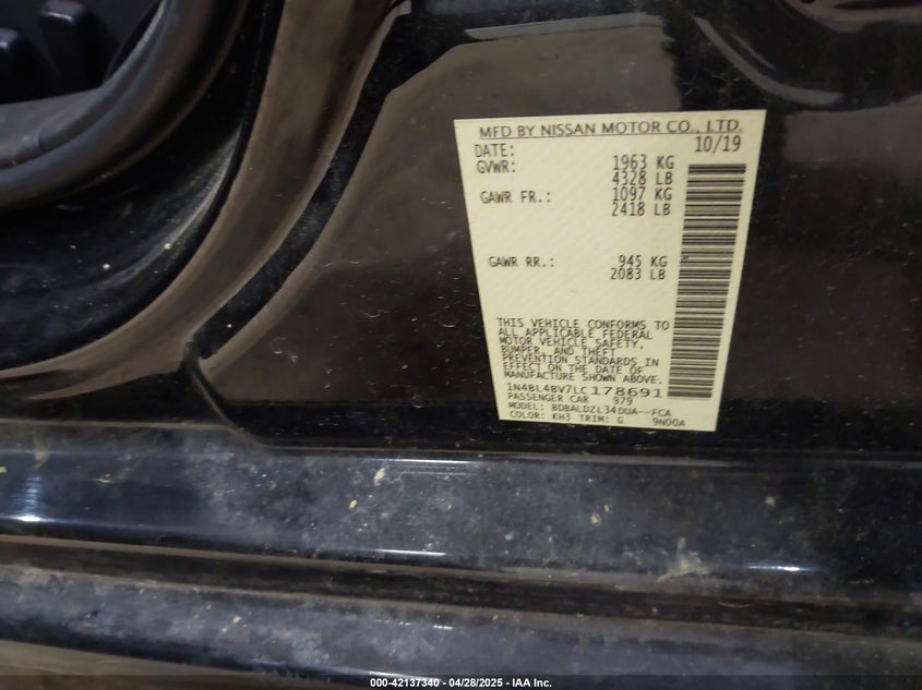 2020 NISSAN ALTIMA VIN: 1N4BL4BV7LC178691