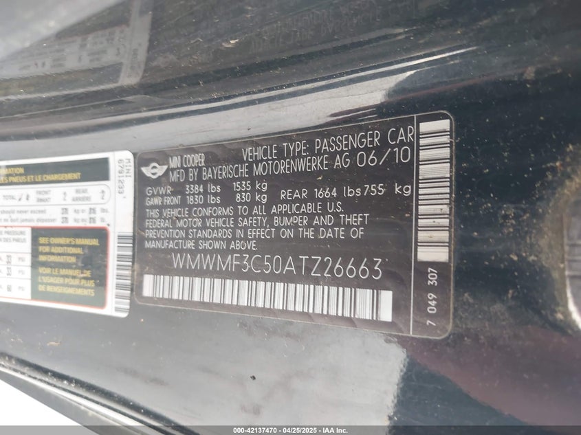2010 MINI COOPER VIN: WMWMF3C50ATZ26663