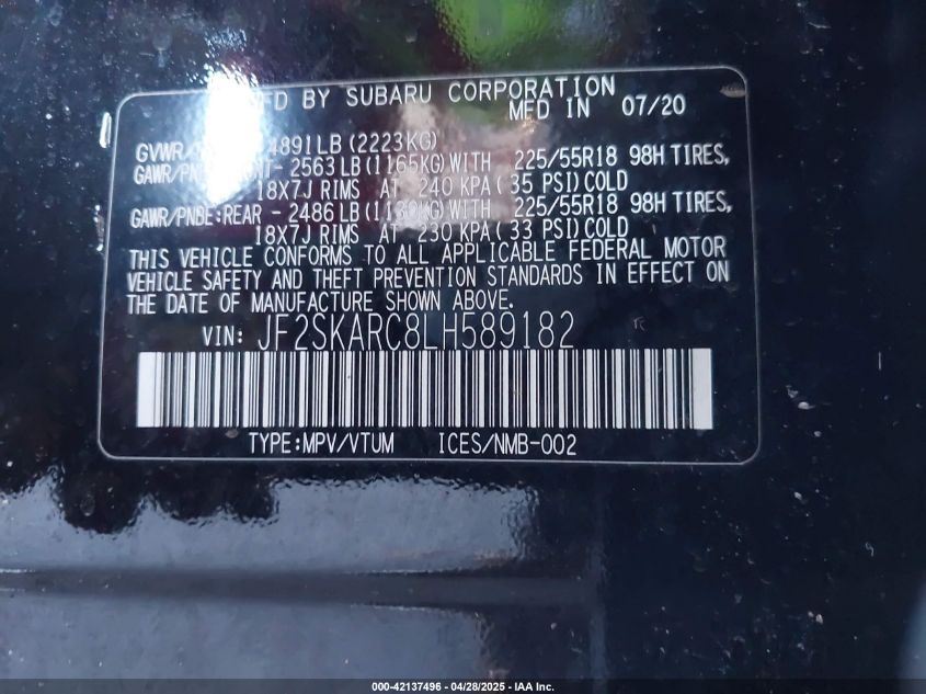 2020 Subaru Forester Sport VIN: JF2SKARC8LH589182 Lot: 42137496