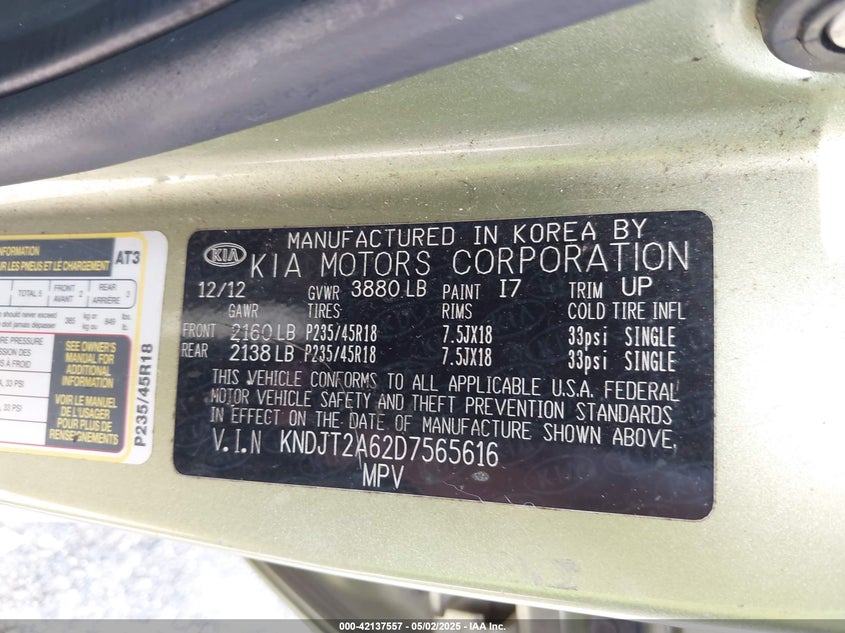 2013 KIA SOUL VIN: KNDJT2A62D7565616