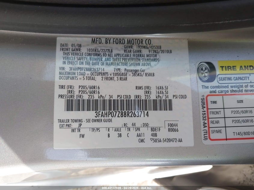 2008 FORD FUSION VIN: 3FAHP07Z88R263714