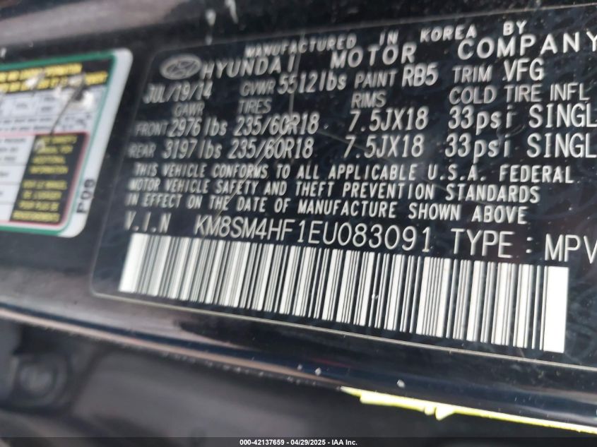 2014 Hyundai Santa Fe Gls VIN: KM8SM4HF1EU083091 Lot: 42137659