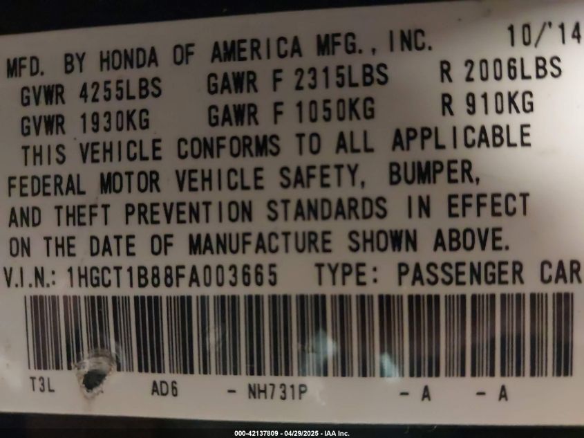 2015 Honda Accord Ex-L VIN: 1HGCT1B88FA003665 Lot: 42137809