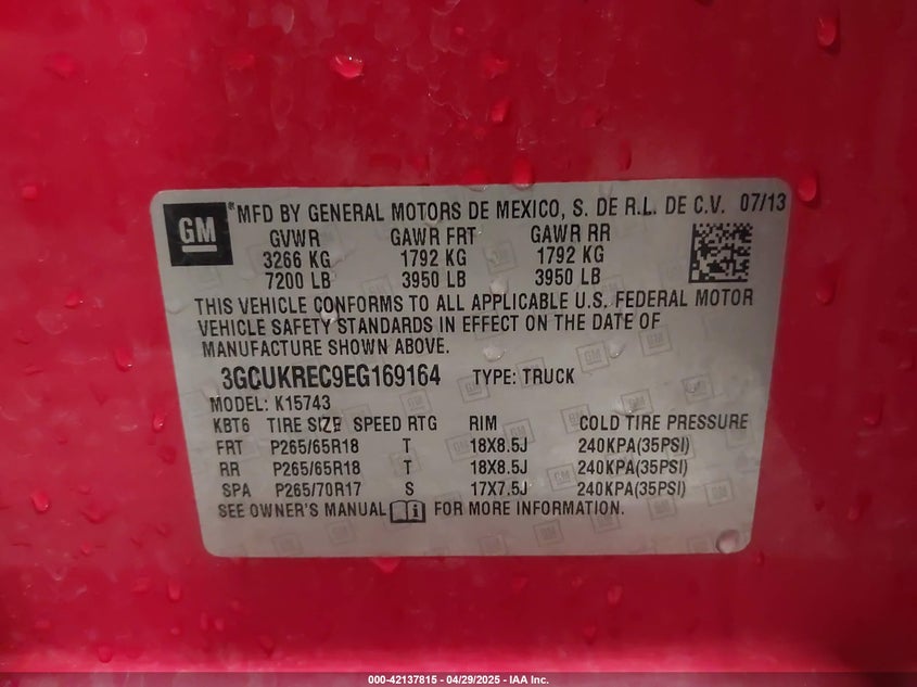 2014 CHEVROLET SILVERADO 1500 VIN: 3GCUKREC9EG169164