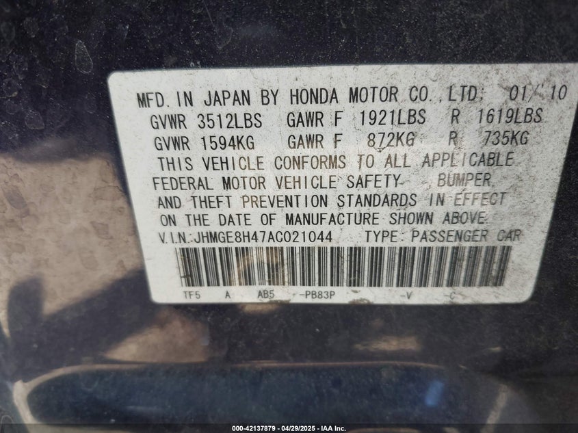 2010 HONDA FIT VIN: JHMGE8H47AC021044