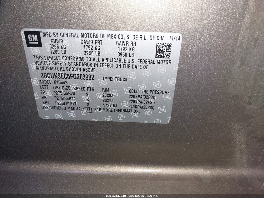 2015 CHEVROLET SILVERADO 1500 VIN: 3GCUKSEC5FG203982