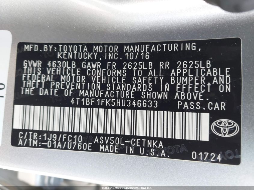 2017 Toyota Camry Le VIN: 4T1BF1FK5HU346633 Lot: 42137975