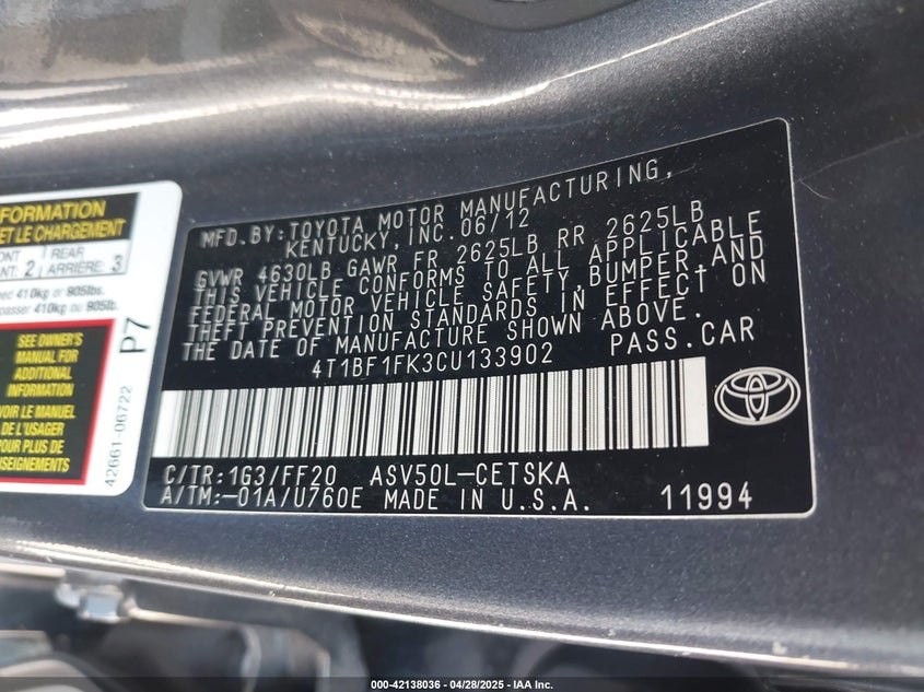 2012 TOYOTA CAMRY VIN: 4T1BF1FK3CU133902