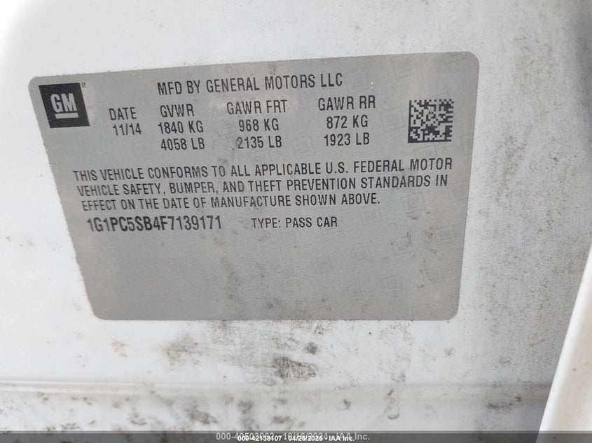 2015 CHEVROLET CRUZE VIN: 1G1PC5SB4F7139171