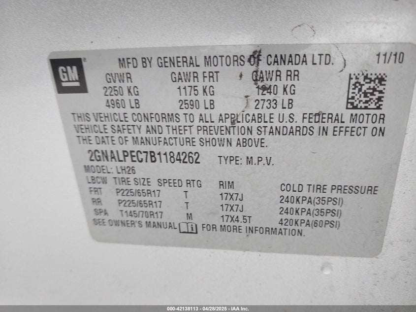 2011 CHEVROLET EQUINOX VIN: 2GNALPEC7B1184262