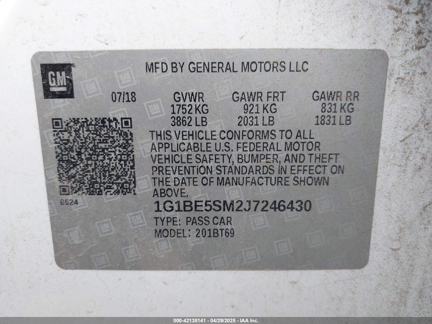 2018 CHEVROLET CRUZE VIN: 1G1BE5SM2J7246430