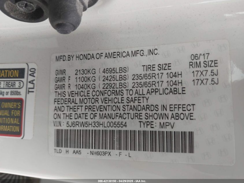 2017 Honda Cr-V Lx VIN: 5J6RW5H33HL005554 Lot: 42138150