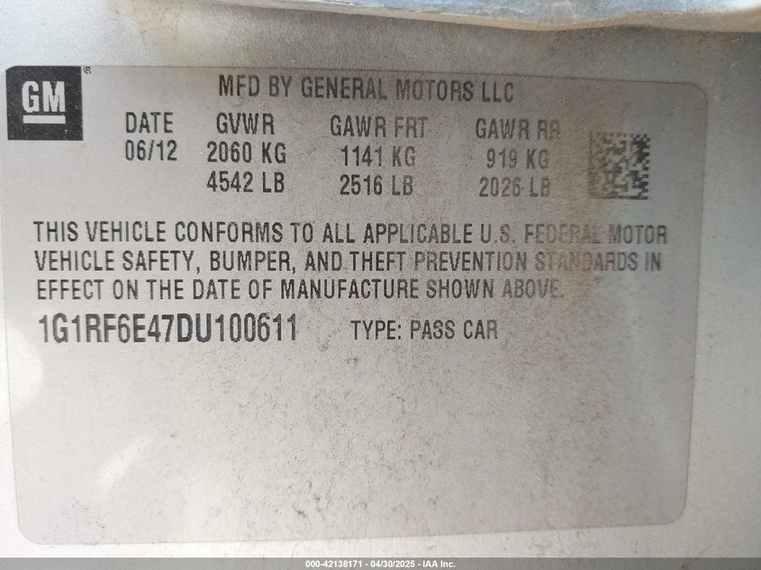 2013 CHEVROLET VOLT VIN: 1G1RF6E47DU100611