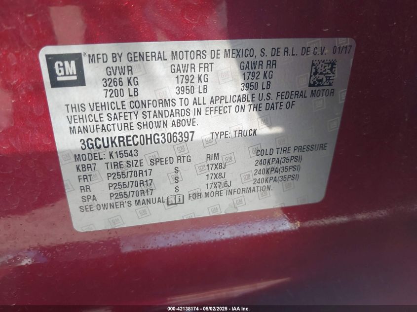 2017 Chevrolet Silverado 1500 1Lt VIN: 3GCUKREC0HG306397 Lot: 42138174