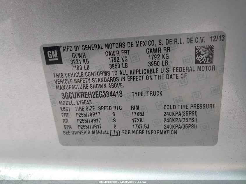 2014 CHEVROLET SILVERADO 1500 VIN: 3GCUKREH2EG334418