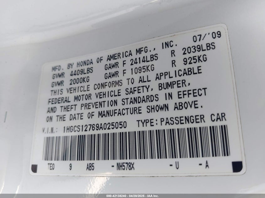 2009 HONDA ACCORD VIN: 1HGCS12769A025050