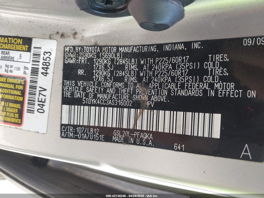 2010 TOYOTA SIENNA VIN: 5TDYK4CC3AS316002