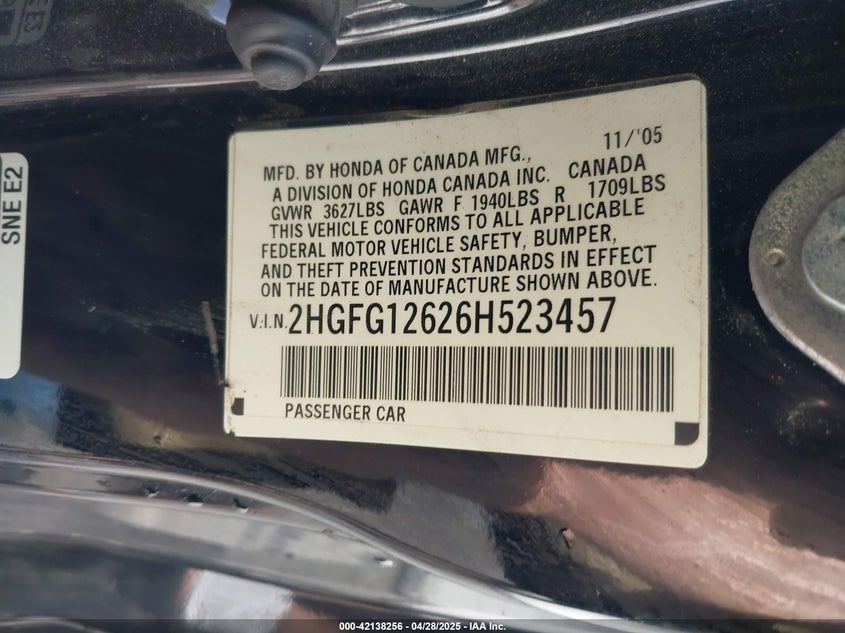 2006 HONDA CIVIC VIN: 2HGFG12626H523457