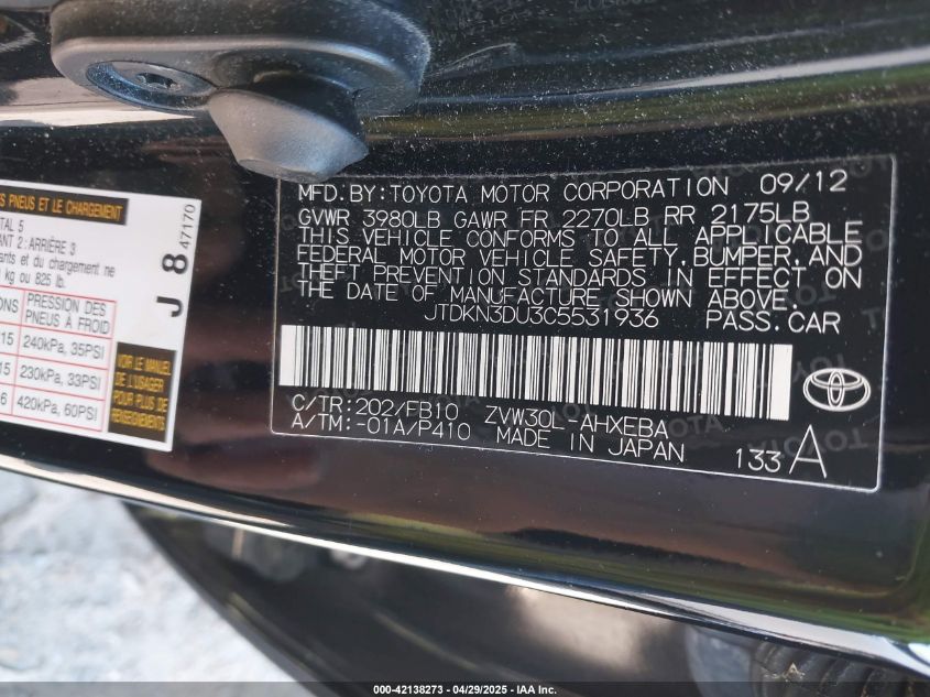 2012 Toyota Prius Two VIN: JTDKN3DU3C5531936 Lot: 42138273