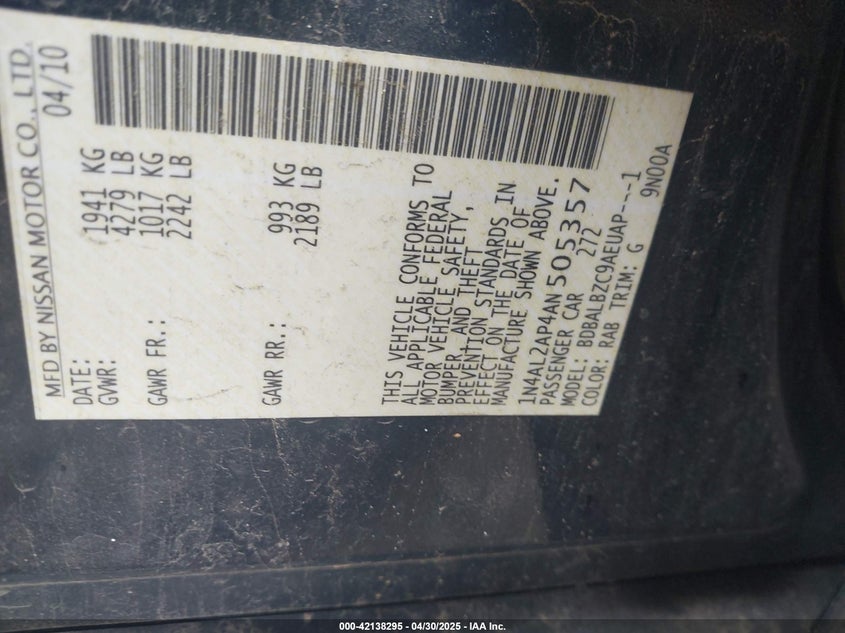2010 NISSAN ALTIMA VIN: 1N4AL2AP4AN505357