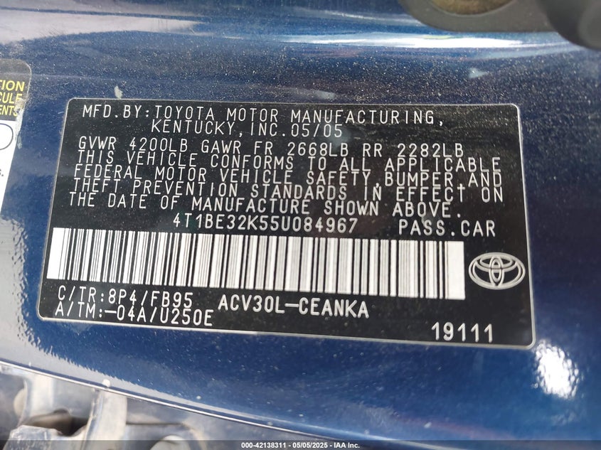 2005 Toyota Camry Le VIN: 4T1BE32K55U084967 Lot: 42138311