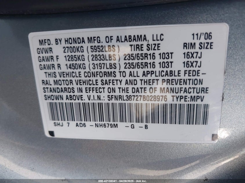 2007 HONDA ODYSSEY VIN: 5FNRL38727B028976