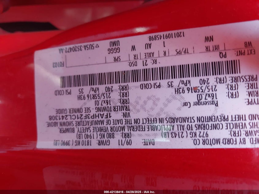 2012 FORD FOCUS VIN: 1FAHP3F21CL241308