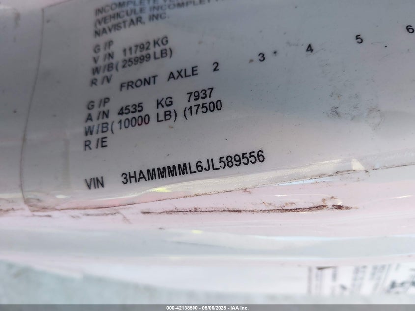 2018 International Durastar 4300 VIN: 3HAMMMML6JL589556 Lot: 42138500