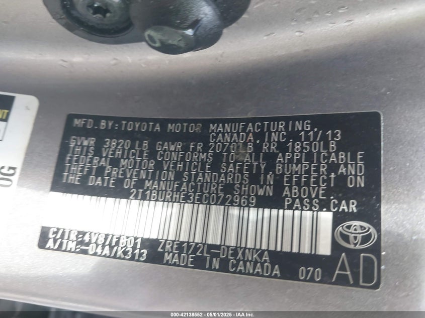 2014 TOYOTA COROLLA L/LE/LE PLS/PRM/S/S PLS - 2T1BURHE3EC072969