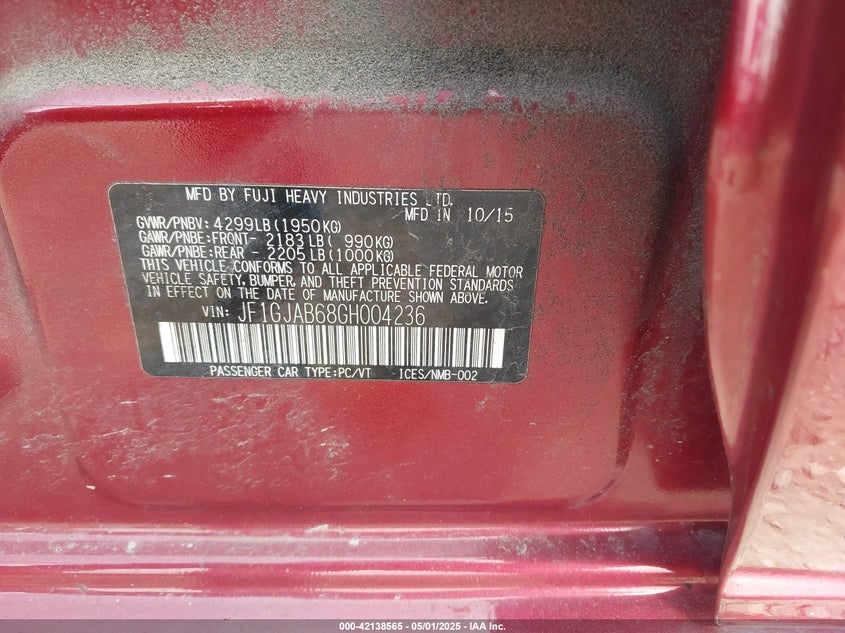 2016 SUBARU IMPREZA VIN: JF1GJAB68GH004236