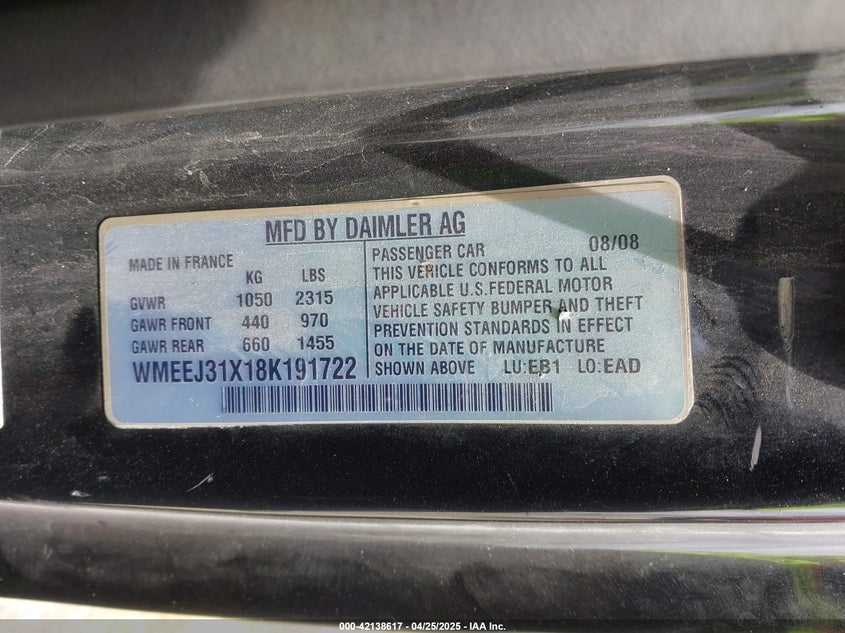 2008 SMART FORTWO VIN: WMEEJ31X18K191722