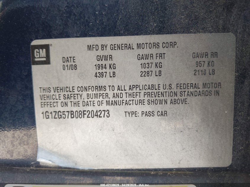 2008 CHEVROLET MALIBU VIN: 1G1ZG57B08F204273