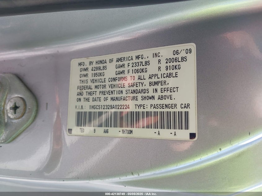 2009 HONDA ACCORD VIN: 1HGCS12329A022224