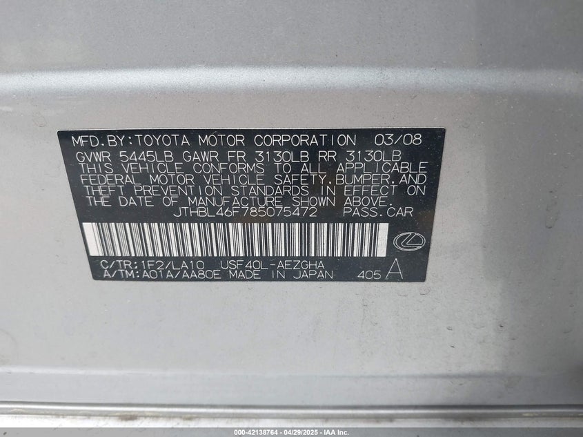 2008 LEXUS LS 460 VIN: JTHBL46F785075472