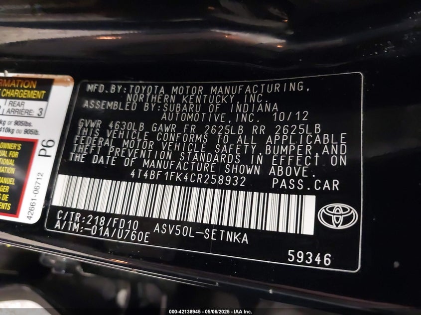 2012 TOYOTA CAMRY VIN: 4T4BF1FK4CR258932