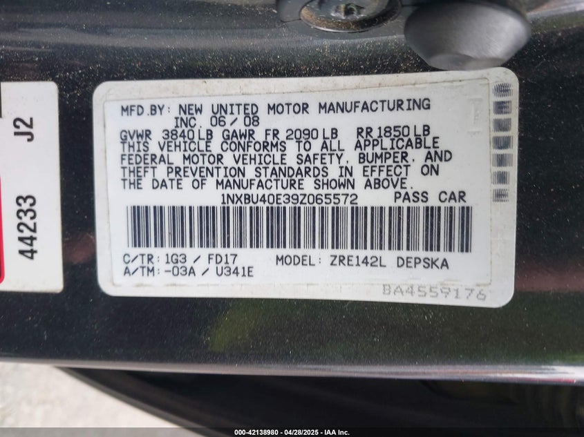 2009 TOYOTA COROLLA VIN: 1NXBU40E39Z065572