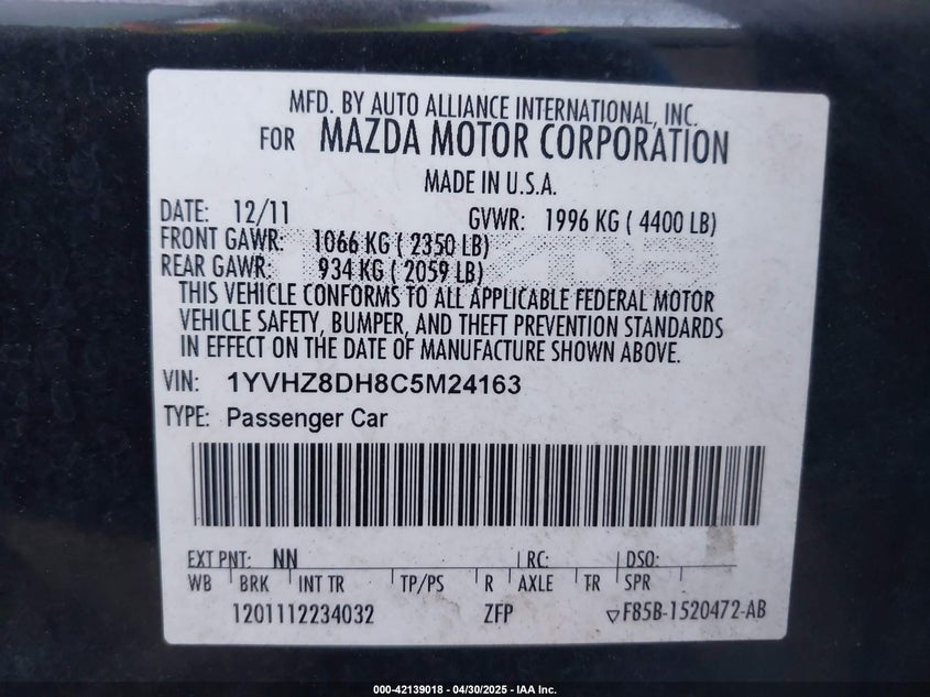 2012 MAZDA MAZDA6 VIN: 1YVHZ8DH8C5M24163