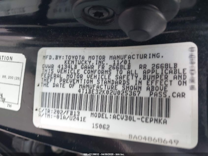 2002 Toyota Camry Le VIN: 4T1BE32K02U025367 Lot: 42139032