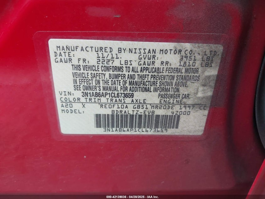 2012 NISSAN SENTRA VIN: 3N1AB6AP1CL673659