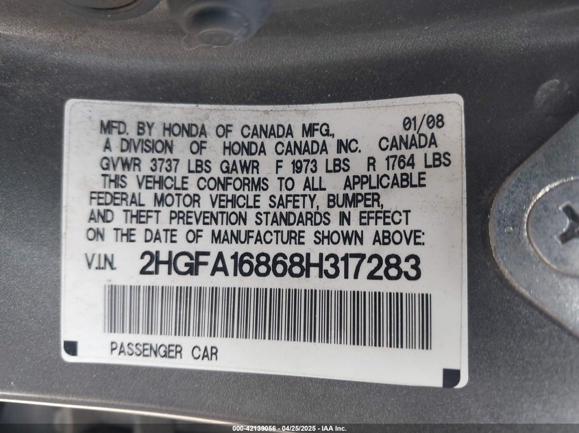 2008 HONDA CIVIC VIN: 2HGFA16868H317283