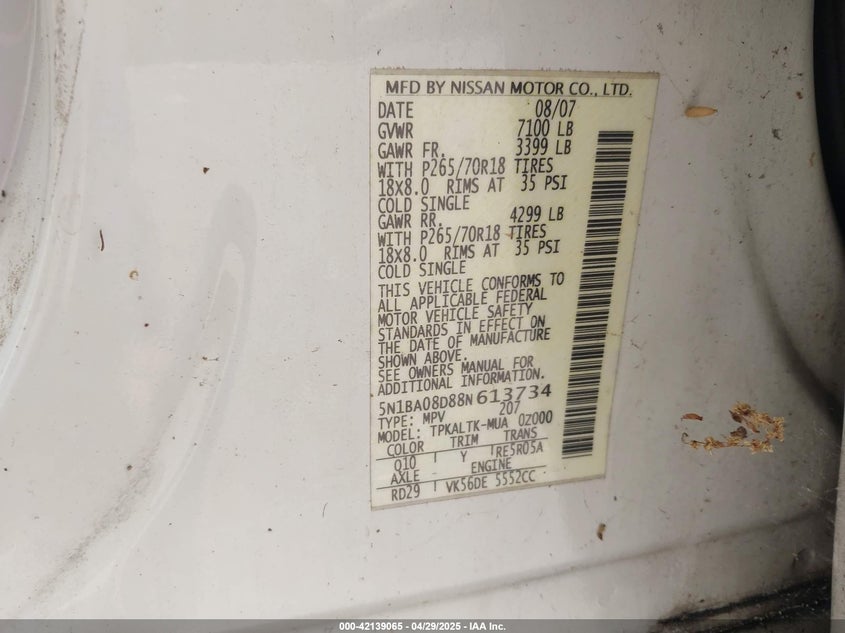 2008 NISSAN ARMADA VIN: 5N1BA08D88N613734